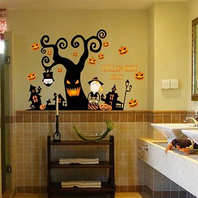 SK9095 Happy Halloween tree house and pumpkin lamp DIY decorative wall sticker kids wall sticker